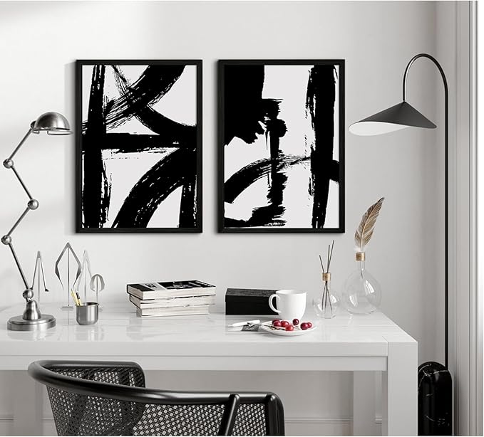 Black and White Wall Art Abstract Modern Painting Minimalist Line Canvas Wall Art Decor Black And White Poster Abstract Artwork Prints for Living Room Bedroom 24x36 Inch Wood Framed Set of 2