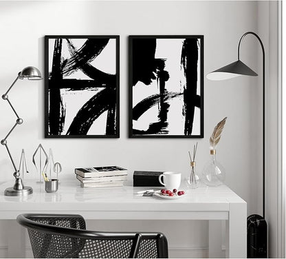 Black and White Wall Art Abstract Modern Painting Minimalist Line Canvas Wall Art Decor Black And White Poster Abstract Artwork Prints for Living Room Bedroom 24x36 Inch Wood Framed Set of 2