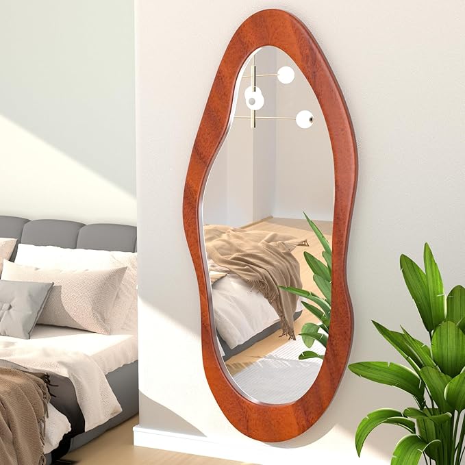 55"x 24" Irregular Wavy Full Length Mirror Brown Wooden Framed Full Body Mirror Irregular Wall Mirrors Hanging for Bedroom Living Room Cloakroom Walnut Brown Color