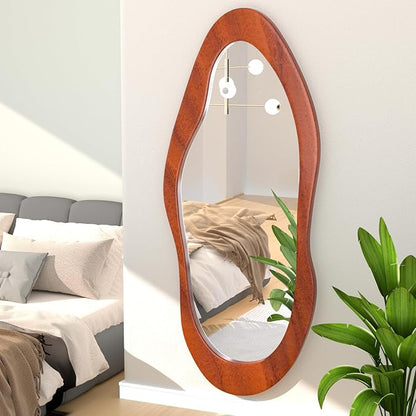 55"x 24" Irregular Wavy Full Length Mirror Brown Wooden Framed Full Body Mirror Irregular Wall Mirrors Hanging for Bedroom Living Room Cloakroom Walnut Brown Color
