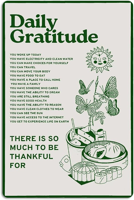 Fmcmly Daily Gratitude Inspirational Metal Tin Sign Green Boho Room Aesthetic Decoration Home Kitchen Office Bedroom Cafes Wall Decor 8x12 Inch