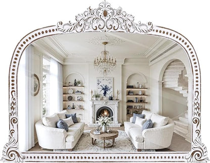 HOITUZYUS French Vintage Statement Wooden Mirror: 32x42 Inch Baroque Arched Mirror, Ornate Decorative Wall Mirrors for Fireplace Mantel, Living Room, Entryway, Bedroom
