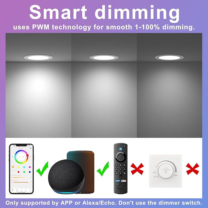 SikSog 24Pack Smart Recessed Lighting 4 Inch RGBCW Color Changing 12W LED Downlight with Junction Box,1080 Lumen Recessed Ceiling Light Compatible with Alexa,Dimmable by Bluetooth Control