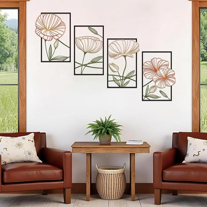 ESTART 4 Pieces Metal Lotus Wall Decor Abstract Floral Aesthetic Splicing Line Art Minimalist Wall Art for Bedroom Flowers Hanging Wall Sculpture for Bathroom Living Room Kitchen Yoga Room (Colorful)