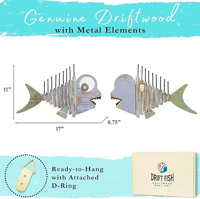 Driftwood Fish Nautical Wall Decor - Handmade Wooden Rustic Coastal Wall Art for Living Room, Bedroom, Office, Bathroom - Ocean Beach Decoration (Mako)