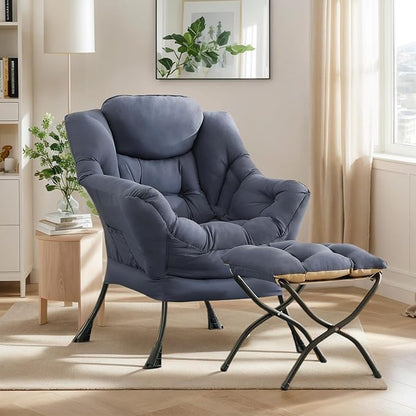 Lazy Chair with Ottoman, Large Navy Accent Chair with Ottoman, Comfy Reading Armchair, Leisure Sofa Chair for Living Room, Bedroom, Dorm Room, Office