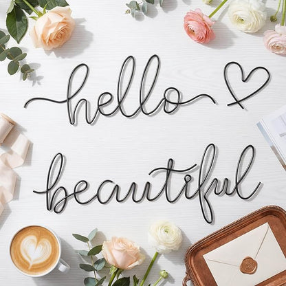 Hicarer Metal Hello Gorgeous Wall Art Minimalist Decor for Bedroom Bathroom Living Room Dressing Room Salon Office Home Decorations Easy to Install Wall Decor(Black,Lovely Style)