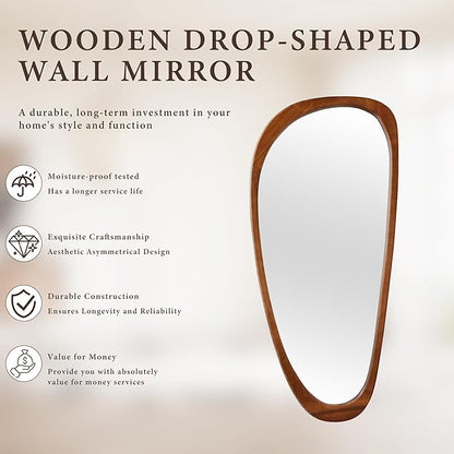 60''x22'' Asymmetrical Mirror with Wood Frame, Small Irregular Wavy Wall Mirror, Odd Shaped Mid Century Modern Mirror Decor for Bedroom Living Room Entryway Hall