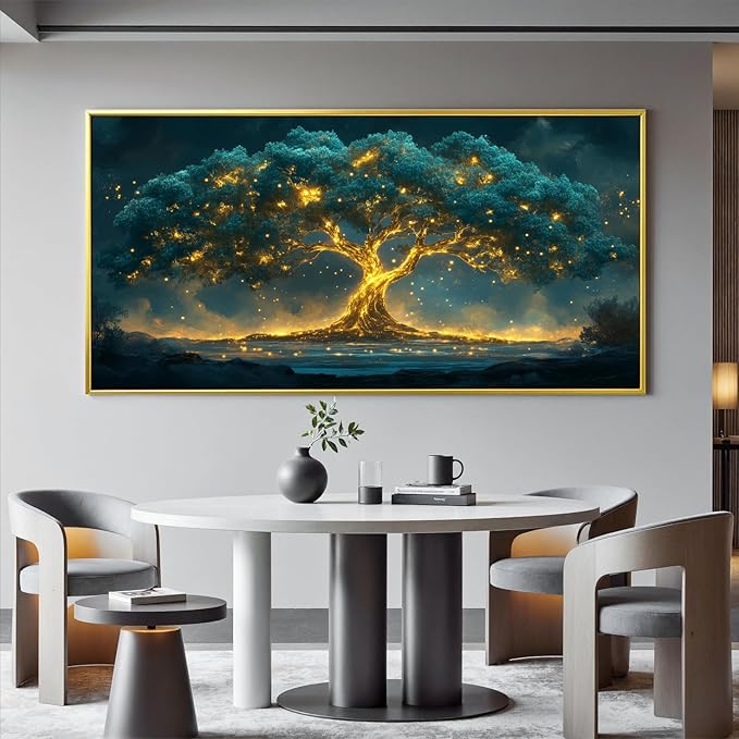 Canvas Wall Art Decor Artwork for Walls Oversized Green Gold Wall Art Prints Gold Framed Large Tree of Life Wall Art for Living Room Canvas Art Wall Decor Home Office Aesthetic Wall Decorations 29" x 58"