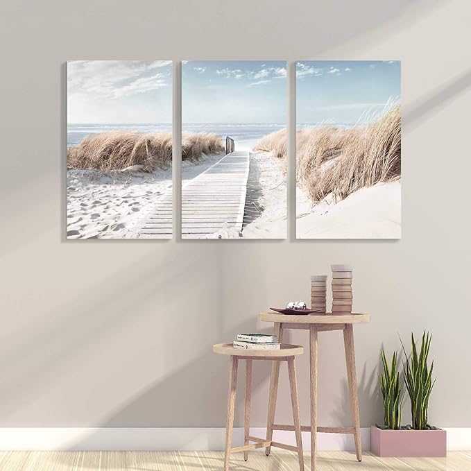 Hardy Gallery Beach Path Picture Coastal Artwork: Seaside Boardwalk Painting Art Print on Canvas for Living Room (34'' x 20'' x 3 Panels)