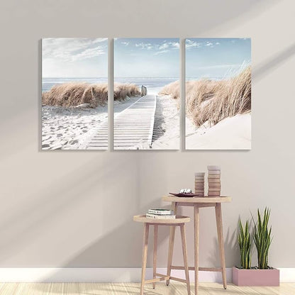 Hardy Gallery Beach Path Picture Coastal Artwork: Seaside Boardwalk Painting Art Print on Canvas for Living Room (34'' x 20'' x 3 Panels)