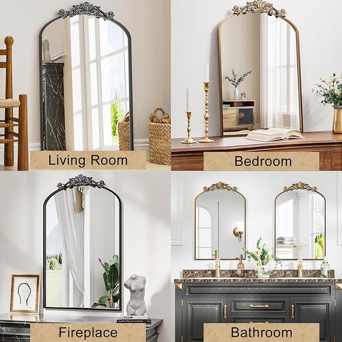 Dewfig Antique Arched Wall Mirror, 22"x30" Vintage Bronze Bathroom Mirror - Baroque Metal Frame Brass Mirror for Living Room, Bathroom, Fireplace, Entryway, Bronze