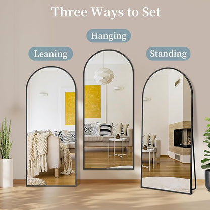 Full Length Mirror with Stand, 64"x21" Arched Full Body Mirror, Large Stand Up Aluminum Frame Floor Freestanding Hanging Leaning Mounted for Bedroom Living Room Entryway Black