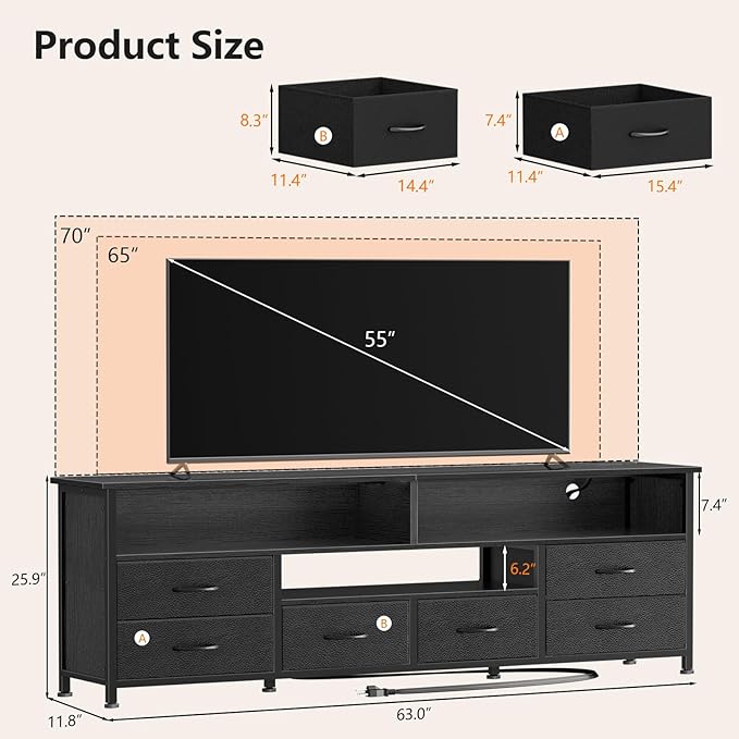 Furologee 63 Inch Entertainment Center Dresser for Bedroom, TV Stand for 65 70 Inch TVs, 6 Drawers Dresser with Power Outlets and LED Lights, Media Console with PU Leather Surface for Living Room