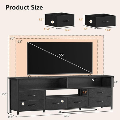 Furologee 63 Inch Entertainment Center Dresser for Bedroom, TV Stand for 65 70 Inch TVs, 6 Drawers Dresser with Power Outlets and LED Lights, Media Console with PU Leather Surface for Living Room