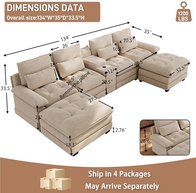 134"U Shaped Sectional Couches for Living Room, Oversized Modular Sectional Fluffy Couch with 2 Ottoman & Storage Console,Modern 6 Seat Living Room Sofa with Glitter Fabric,Tufted Buttons, Camel