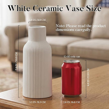 White Tall Ceramic Vase, Modern Matte Vertical Ribbed, Nordic Minimalist for Pampas, Dried & Fresh Flowers, Home Decor for Living Room, Coffee Table, Bookshelf, Entryway, Farmhouse