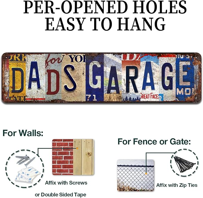 Dad’s Garage Vintage Metal Tin Sign - Rustic Industrial Wall Art for Garage, Workshop, Man Cave, Tool Room Décor - 4x16 Inch