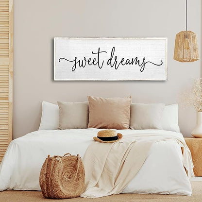 Sweet Dreams Wall Decor Above Bed Sign 24''×10'' Large Wood Framed Master Bedroom Guest Room Sweet Dreams Signs Farmhouse Rustic Wall Art Decoration (White)