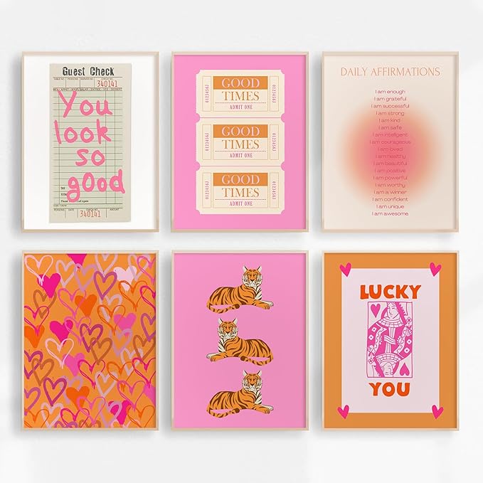 Preppy Wall Art Pink Orange Wall Decor Trendy Canvas Wall Art Aesthetic Pictures Girl Posters Inspirational Daily Affirmation Prints Lucky You Artwork Set of 6 for Dorm Room 12x16 Inch Unframed