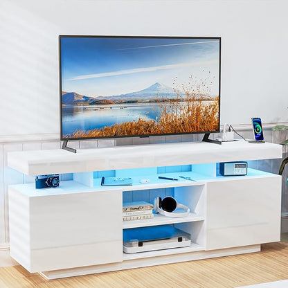 HOMMPA Modern LED TV Stand for 65/60/55 inch TV with Power Outlets, Gaming Console Storage Entertainment Center with LED Lights Game Cabinet for Living Room White