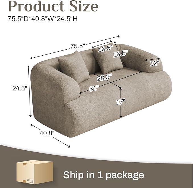 75" Boneless Cloud Loveseat, Modern Cute Curved Chenille Sofa, 2 Seater Compression Couch with 2 Pillows, No Assembly Required for Apartment Living Room, Light Brown