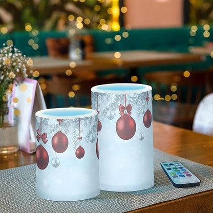 Christmas Lights Decorations Flameless Candles New Year Fir Branches Red Christmas Balls Pillar Candles Set of 2 Battery Operated Remote Control Warm Lights