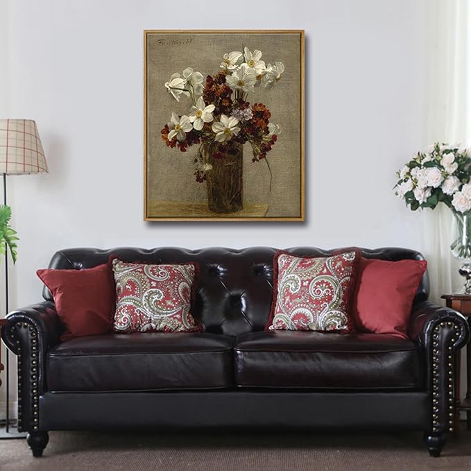 Pyradecor Vintage Wall Art Retro Large Framed Living Room Decor Narcisses Flowers in Vase Canvas Prints Classical Floral Painting for Kitchen Farmhouse Office Decorations AH1111-5060NW