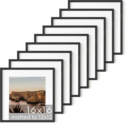 HAUS AND HUES Black Oak Wood 16x16 Picture Frames - Set of 9, Square Frames with Mat, Elegant Frames for Posters and Wall Decor (16x16 in, Black, Set of 9)