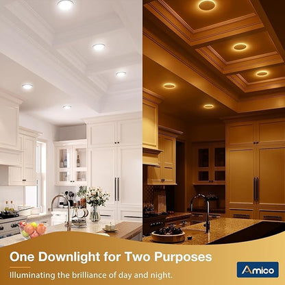 Amico 6 Pack 4 Inch 5CCT LED Recessed Ceiling Light with Night Light, 2700K/3000K/3500K/4000K/5000K Selectable Ultra-Thin Recessed Lighting, 10W=90W, 700LM, Dimmable Canless Wafer Downlight - ETL&FCC