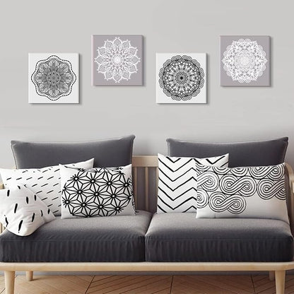 Mandala Wall Art Living Room Boho Wall Decor for Bedroom Mid Century Modern Picture Prints Abstract Lotus Flowers Canvas Paintings Grey White Minimalist Artwork Bathroom Home Decoration 12x12" 4PCs