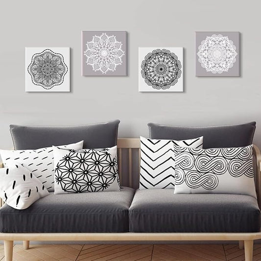 Mandala Wall Art Living Room Boho Wall Decor for Bedroom Mid Century Modern Picture Prints Abstract Lotus Flowers Canvas Paintings Grey White Minimalist Artwork Bathroom Home Decoration 12x12" 4PCs