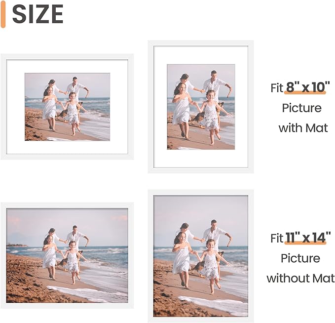 upsimples 11x14 Picture Frame Set of 3, Made of High Definition Glass for 8x10 with Mat or 11x14 Without Mat, Wall and Tabletop Display Photo Frames, White
