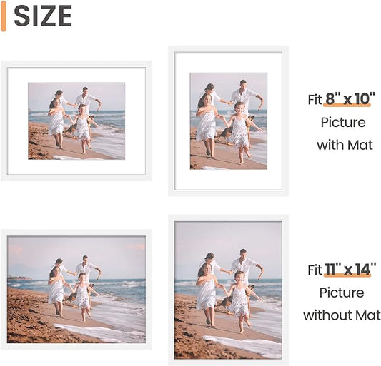 upsimples 11x14 Picture Frame Set of 3, Made of High Definition Glass for 8x10 with Mat or 11x14 Without Mat, Wall and Tabletop Display Photo Frames, White