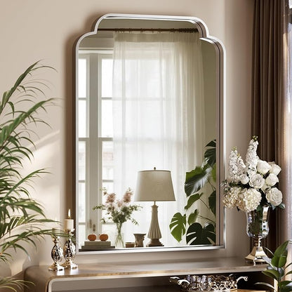 GLSLAND 30"x40" Petal Arch Bathroom Mirror, Modern Metal Frame Vanity Mirror with Scalloped Edge for Over Sink, Bedroom, Living Room, Entryway, Decorative Wall Mirror, Silver