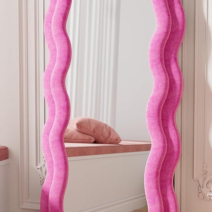 Rowjut Full Length Mirorr, 63"x24" Mirrors Full Length, Irregular Wavy/Wall Mounted/Standing Floor Mirror with Flannel, Body Mirorr Hanging or Leaning Against Wall for Bedroom (Pink)