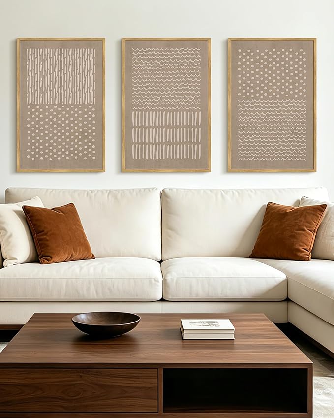 PHOPAGO Boho Mid-Century Modern Framed Wall Art Large 16x24in Minimalist Geometric Neutral Wall Decor Bohemain Artwork Home Office Dining Room Decor - Natural Framed
