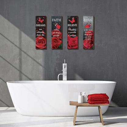Qunclay 4 Pcs Red Bathroom Decor Red Rose Wooden Wall Decor Dream Faith Believe Love Inspirational Quote Wooden Sign Rustic Floral Butterfly for Women Home Bathroom Bedroom Living Room