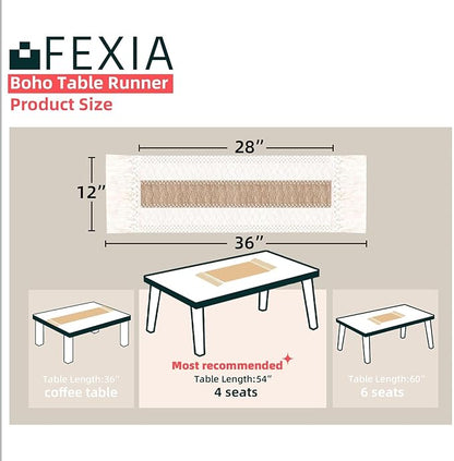 FEXIA Boho Table Runner for Summer Home Coffee Decor with Tassels 36 Inches Long Farmhouse Rustic Table Cloth Cream & Brown Macrame for Kitchen Dining Bedroom Decor Bridal Shower (12x36Inches)