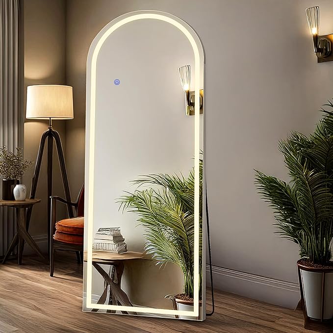 DUMOS Arched LED Full Length Floor Mirror, 63"×20" Full Body Standing Mirror with Lights, 3 Color Lighting, Hanging or Leaning, Wall Mounted, Modern Simple Home Wall Decor, White