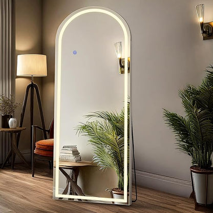 DUMOS Arched LED Full Length Floor Mirror, 63"×20" Full Body Standing Mirror with Lights, 3 Color Lighting, Hanging or Leaning, Wall Mounted, Modern Simple Home Wall Decor, White