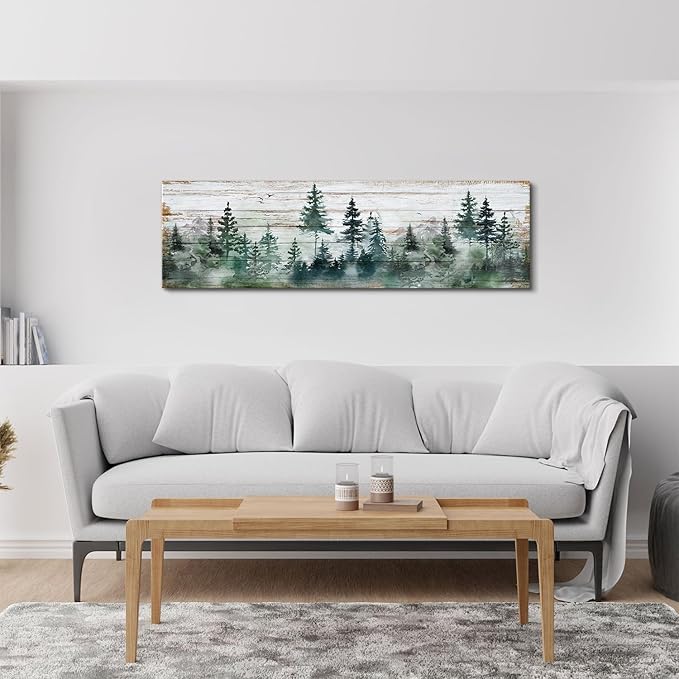 Farmhouse Pine Tree Wall Art Forest Picture Wall Decor Rustic Wood Mountain Canvas Prints Artwork for Living Room Kitchen Cabin Home Decor Vintage Landscape Poster Painting Decorations 14x48”