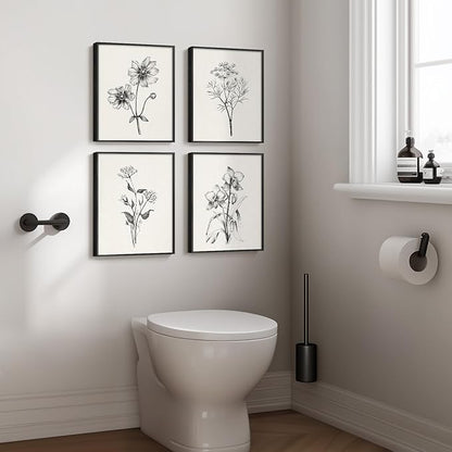 Framed Black and White Floral Wall Art for Bedroom, 4 Piece Vintage Botanical Canvas Paintings Artwork for Modern Farmhouse, Minimalist Flower Pictures for Living Room Kitchen Bathroom Wall Decor