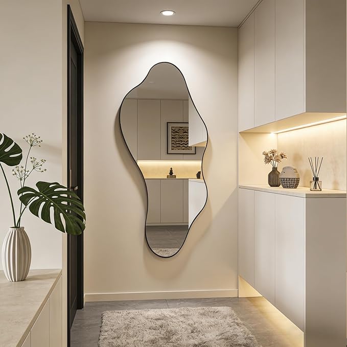 Large Irregular Mirror, 63"x30" Asymmetrical Aesthetic Wall Mirror with Metal Frame, Modern Organic Shaped Mirrors for Living Room Bedroom Hallway Entryway, Hangs Vertically or Horizontally