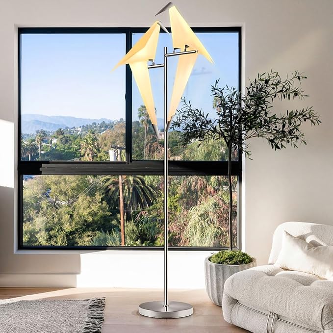 69" Modern Origami Crane Bird Floor Lamp, Sliver Metal Paper Crane LED Standing Light Origami Swing Bird PP Lampshade Lighting Fixtures for Bedroom Dinning Room
