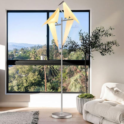 69" Modern Origami Crane Bird Floor Lamp, Sliver Metal Paper Crane LED Standing Light Origami Swing Bird PP Lampshade Lighting Fixtures for Bedroom Dinning Room