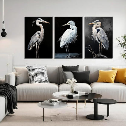 3 Pcs Heron Canvas Wall Art - Birds Picture Wall Decor Framed Black and White Painting Prints Animal Art for Living Room Home Office Ready to Hang(Art-1,20.00"x28.00"x3P)