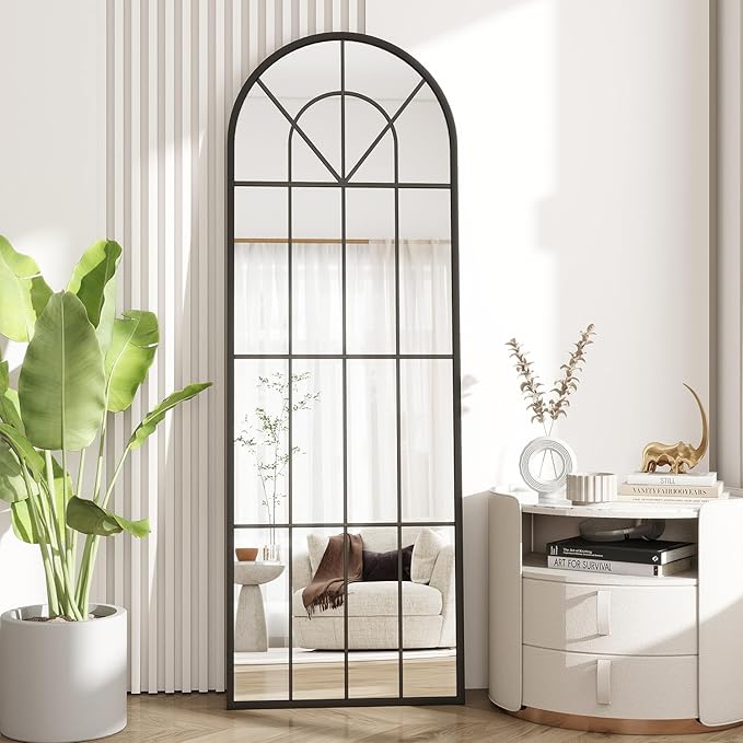 Degfig Arched Full Length Mirror with Grids, 65"X22", Arched Window Pane Wall Mirror, Floor Standing Mirrors, Farmhouse Long Full Body Mirrors Wall Mounted for Living Room, Bedroom, Entryway, Black