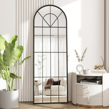 Degfig Arched Full Length Mirror with Grids, 65"X22", Arched Window Pane Wall Mirror, Floor Standing Mirrors, Farmhouse Long Full Body Mirrors Wall Mounted for Living Room, Bedroom, Entryway, Black
