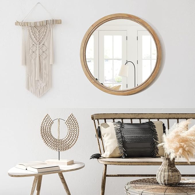 sawsile Round Wood Mirror,36 inch Circle Rustic Farmhouse Natural Wooden Frame Boho Beads Wall Mirror for Bathroom,Living Room,Bedroom or Entryway